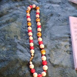 Vintage Avon Elegant Beaded Necklace - Red  White, and Gold
